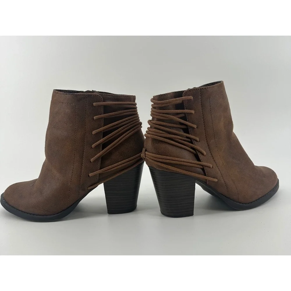Candies Scoot Brown Faux Leather Wrap‎ Lace Up Ankle Boots Block Heel Size 9M